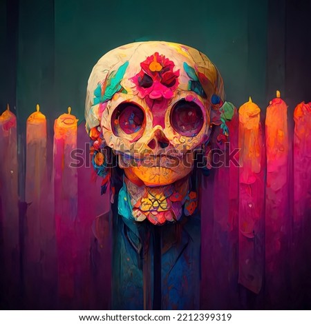 Day of the dead beautiful colorful illustration, sugar skull decorated with flowers for "dia de los muertos"