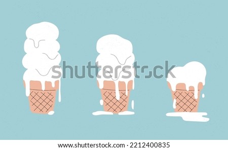 Ice cream melting in three steps. Animation sequence. Set of Dripping white ice cream. flowing down ice cream balls in the waffle cone. Flat vector illustration. Hand drawn style with texture.
