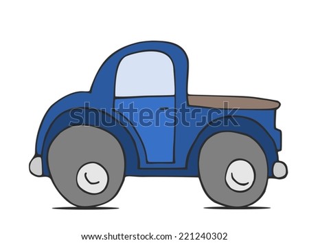Beautiful cartoon car. Hand drawn blue car. Car clipart. Pickup car. Isolated on white background. Design element for boys