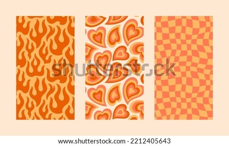 Groovy Hippie 70s Backgrounds Set. Vector Psychedelic Wallpapers: Rainbow Hearts, Checkerboards, Fires in Trendy Retro Cartoon Style for Case Phone, Posters, Fliers, Cards, Social media Stories.