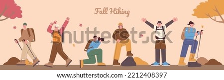 People in mountaineering clothes are enjoying autumn climbing. Hiking trail background. flat vector illustration.