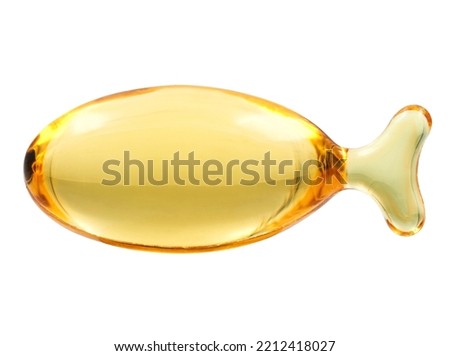 Close up single fish oil supplement fish shape capsule, fish oil is a fat obtained from the parts of high-fat fish and contains omega-3 fatty acids, isolated on white background.