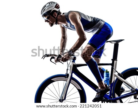 man triathlon iron man athlete biker cyclist bicycling biking in silhouette on white background