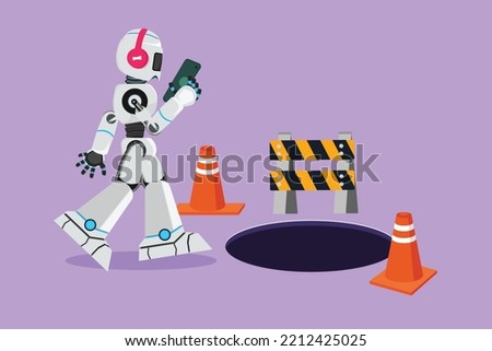 Character flat drawing robot listen music with headphone and watching smartphone, did not see manhole. Humanoid robot cybernetic organism. Future robot development. Cartoon design vector illustration