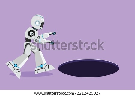 Graphic flat design drawing robot looking at black hole. Tech business opportunity, exploration or challenge. Future technology development. Artificial intelligence. Cartoon style vector illustration