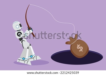 Cartoon flat style drawing robot holding fishing rod got money bag from hole. Business idea for making money. Robotic artificial intelligence. Technology industry. Graphic design vector illustration