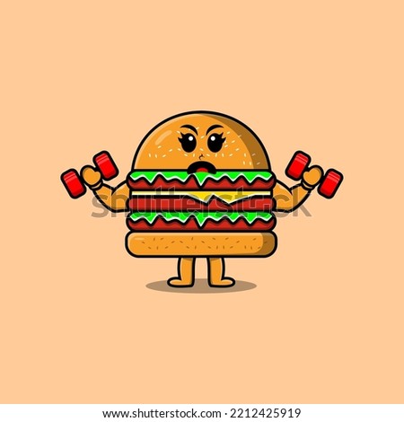 Cute cartoon Burger character is fitness with barbell in modern style design