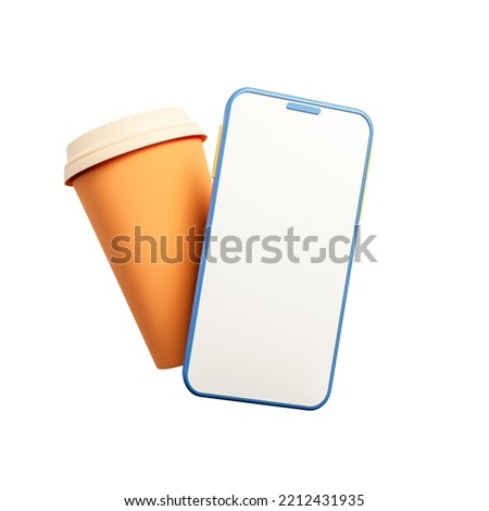 3D Mobile phone with online coffee delivery isolated white background used for banner and cover website. coffee mug, Drinks takeaway food concept, Black Screen 3d rendering illustration.