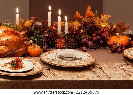 Thanksgiving dinner table set with turkey candles flowers and plates