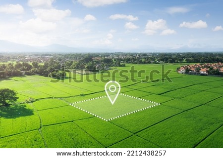 Land plot in aerial view. Identify registration symbol of vacant area for map. That property, real estate for business of home, house or residential i.e. development, sale, rent, buy or investment. Royalty-Free Stock Photo #2212438257