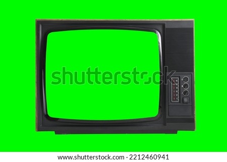 Old vintage TV with green screen for adding video isolated on green background.Vintage TVs 1960s 1970s 1980s 1990s 2000s. 