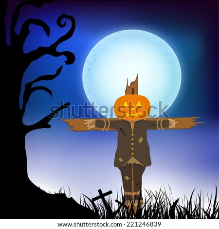 Horrible puppet of pumpkin binding on cross in dangerous night view.