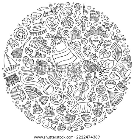 Sketchy vector set of Spain cartoon doodle objects, symbols and items. Round composition