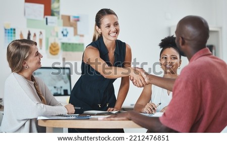 Handshake, business partnership or success deal in office support, trust or crm in b2b creative collaboration meeting. Smile, happy or teamwork people in welcome, thank you or marketing strategy plan Royalty-Free Stock Photo #2212476851