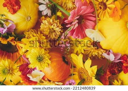 Happy Thanksgiving! Colorful autumn flowers, pumpkins, pattypan squash on yellow paper flat lay. Seasons greeting card template.  Autumn banner Harvest time in countryside. Hello Fall.