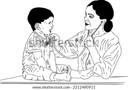 Pediatrician Sketch drawing, Child doctor examin kid with stethoscope vector illustration, Pediatrician female doctor clip art silhouette, Pediatrician checks breath stethoscope