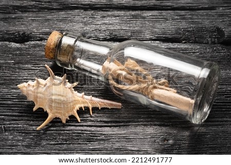 Message scroll in the bottle and seashell on the table close up background.