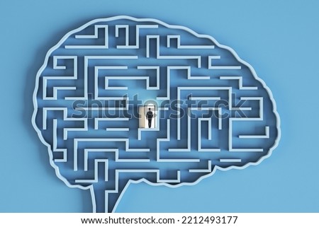 Creative idea and artificial intelligence concept with businessman entering the open door with light in labyrinth in form of human brain on blue background Royalty-Free Stock Photo #2212493177