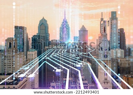 Aerial panoramic skyline of Philadelphia financial downtown, Pennsylvania, USA. City Hall Clock Tower, sunset. Artificial Intelligence concept. AI, business, machine learning, neural network, robotics