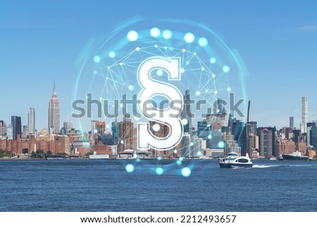 New York City skyline from Brooklyn, Williamsburg over the East River, Manhattan skyscrapers at day time, USA. Glowing hologram legal icons. The concept of law, order, regulations and digital justice