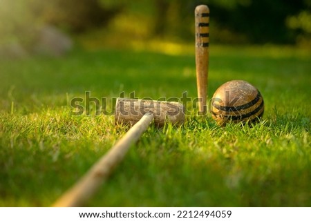 Wooden croquet set. Vintage croquet set lies on the green grass in the field. Antique outdoor games.
Wooden ball with a stick Royalty-Free Stock Photo #2212494059
