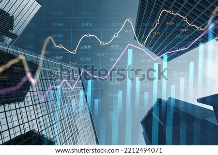 Growth property price and real estate concept with digital graphic stats data and raising up diagram on city skyscraper tops background bottom view, double exposure Royalty-Free Stock Photo #2212494071