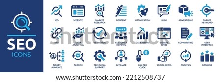 Seo icon set. Search Engine Optimization icon collection. Containing business and marketing, traffic, ranking, optimization, link and keyword. Solid icons vector collection. Royalty-Free Stock Photo #2212508737