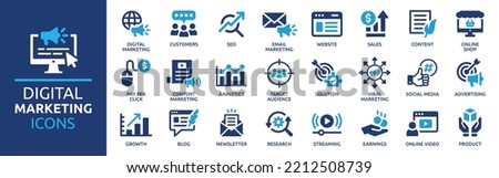 Digital marketing icon set. Containing seo, content, website, social media, sales and online advertising. Solid vector symbol collection. Royalty-Free Stock Photo #2212508739