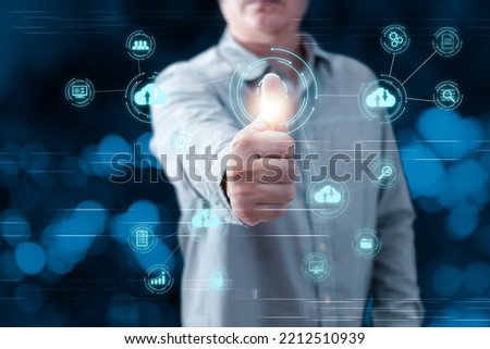 person scan thumbs to access secure data.new technology bigdata and business process strategy,customer service management.Digital transformation change management,internet of things.cloud computing.