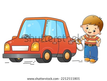 Cartoon red passenger car or machine with driver. Images transport or vehicle for children. Colorful vector illustration for kids.