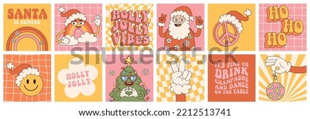 Groovy hippie Christmas stickers. Santa Claus, tree, smile, peace, rainbow in trendy retro cartoon style. Merry Christmas and Happy New year greeting card, poster, print, party invitation, background.
