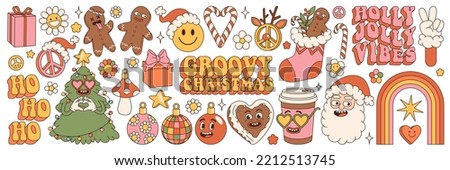 Groovy hippie Christmas stickers. Santa Claus, Christmas tree, gifts, rainbow, peace, holly jolly vibes, ho ho ho, coffee, gingerbread in trendy retro cartoon style. Cartoon characters and elements. Royalty-Free Stock Photo #2212513745