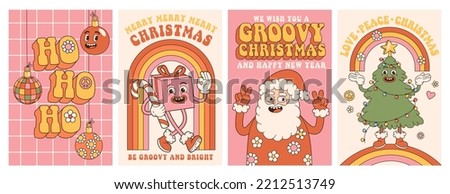 Groovy hippie Christmas. Santa Claus, tree, gift, rainbow, ho ho ho in trendy retro cartoon style. Merry Christmas and Happy New year greeting card, poster, print, party invitation, background.