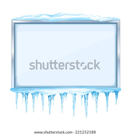 Empty snowy winter bulletin board with icicles and metal frame, eps10 isolated Royalty-Free Stock Photo #221252188