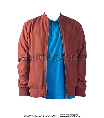 dark red men's bomber jacket and blue  shirt isolated on white background. fashionable casual wear