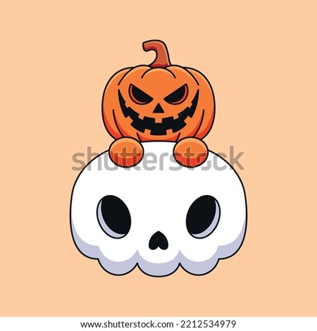 cute skull pumpkin halloween cartoon mascot doodle art hand drawn 