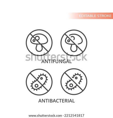 Antibacterial and antifungal line vector icon. No fungus and no bacteria outlined label symbols. Royalty-Free Stock Photo #2212541817