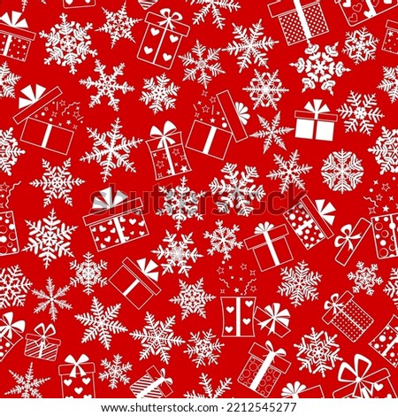 Seamless pattern made of complex Christmas snowflakes and gift boxes with different patterns, in red colors