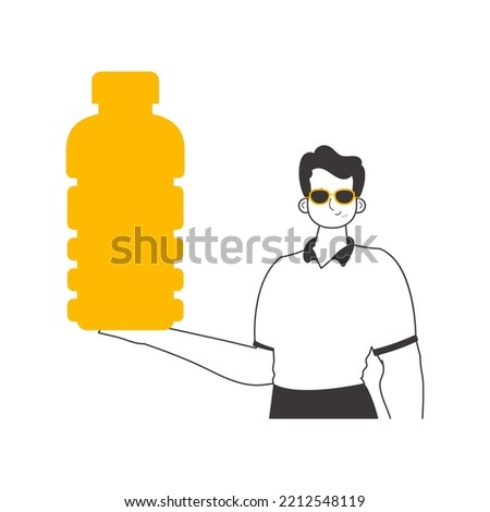 The man is holding a bottle in his hand. Lineart style. Isolated on white background. Vector illustration.