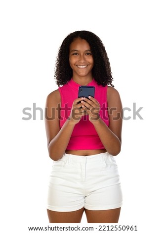 Portrait nice attractive teen teenager holding a smartphone isolated on a white background 