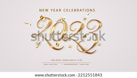 2023 Happy New Year elegant banner with falling confetti on bright background. 2023 Golden 3d numbe Royalty-Free Stock Photo #2212551843