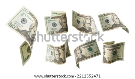 50 dollars flying on white background. USA banknotes at different angles. Front side