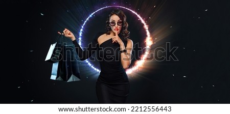 Black Friday sale concept for shop. Girl in sunglasses holding big bag isolated on dark background at shopping. Neon sign.