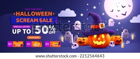Halloween Sale Promotion Poster or banner template.Halloween night seen with big Moon, Pumpkin ghost,Wizard Hat,cute ghost,cartoon skull and halloween elements. Website spooky or banner template