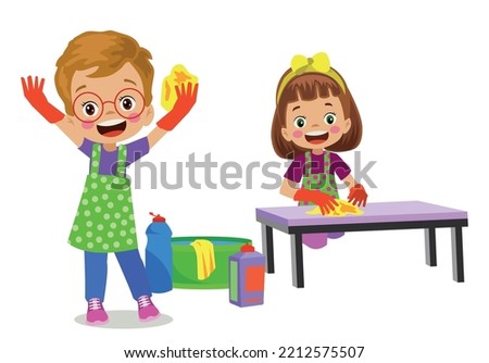 cute happy boy and girl cleaning house