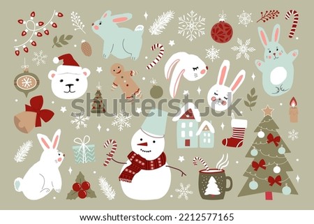 Big Christmas set of drawings with cute rabbits, snowmen, gingerbread men, Christmas trees, toys, gifts, bear and snowflakes. Modern simple flat vector illustration.