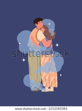 The concept of support in difficult moments of life. Women and men hug each other. Care of beloved and show of tenderness. Cartoon characters. Hand-drawn vector illustration. All elements are isolated