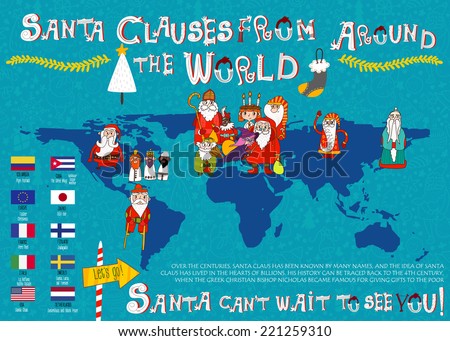 A look at Santa Clauses from Around the World. Colorful large map 