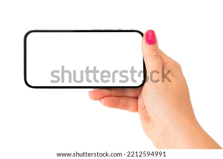 Mobile phone mockup. Person holding phone horizontally in one hand, isolated on white background.