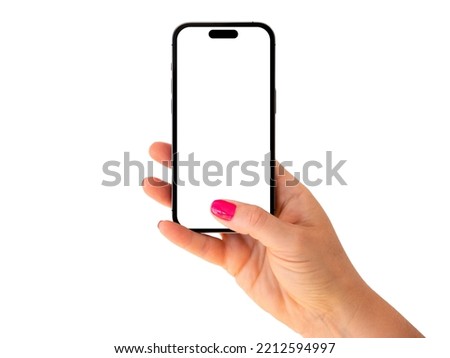 Mobile phone mockup. Person holding phone with empty screen in one hand, isolated on white background.